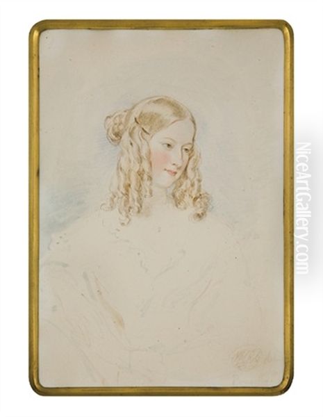 Representant Victoire, Duchesse De Nemoursles Cheveux En Anglaises, Monture En Metal Dore Sur Panneau En Velours Marron A Chevalet - view 1