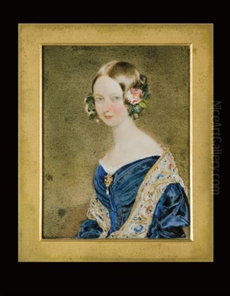Portrait D'helene De Mecklembourg-schwerin, Duchesse D'orleans En Robe Bleue Ornee D'une Broche, Chale Brode, Les Cheveux En Chignon Rehausse D'une Couronne De - view 1