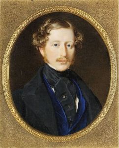 A Young Gentleman, In Black Coat, Blue Waistcoat And Black Cravat With Pearl Stickpin...
