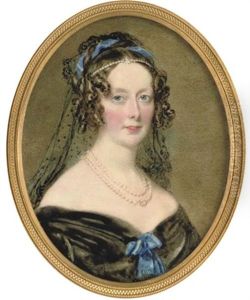 A Lady Of The Airlie Family, In Off-the-shoulder Black Velvet Dress With Bright Blue Ribbon Tied At Corsage