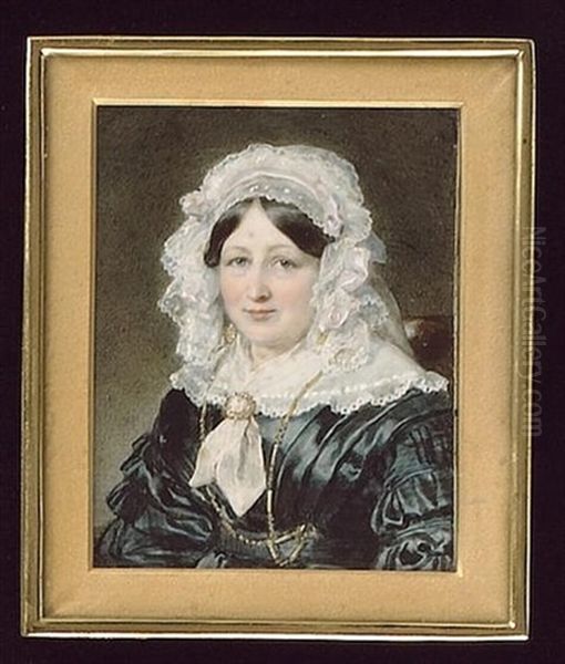 Mrs Monro, Seated In A Leather Chair, Wearing Indigo-blue Dress, White Lace-edged Collar Held With A Gold Slide, Gold Chain About Her Neck, Gold Pendant Earrings And Elaborate Lace Bonnet - view 1