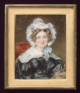 Mrs Filmer, Seated In A Red Upholstered Chair, Wearing Black Dress With White Lace Collar Held With A Red Brooch And White Bonnet Trimmed With Lace And Pale Blue Ribbons