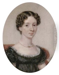 A Young Lady In Black Dress With Frilled Collar And Sleeves, Pearl Necklace And Her Hair In Ringlets, Seated In A Red Chair