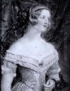 The Hon. Jane Lawley-thompson, Wearing Mint-green Dress With White Lace Collar, Blue Ribbon Suspended From Her Left Arm, Jewel At Her Corsage, Thin Black Ribbon In Her Hair And Black Lace Veil by Sir William Charles Ross