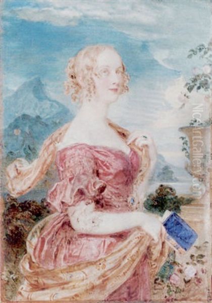 A Young Lady, Standing Facing Right In Pink Off-the-shoulder Dress, An Orange Stole Over Her Shoulder, Holding A Blue Book In Her Hand; Landscape Background - view 1
