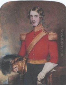 An Officer Of Heavy Cavalry Wearing Scarlet Coatee, Gold Waistbelt With Gold Sash Underneath, Gold Belt, White Gauntlet, A Gilt Helmet With Black Fur Crest