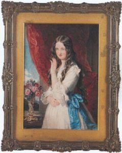 Lady Augusta Margaret Fitzclarence Wearing White Dress With Blue Trim And Waistband Tied In A Bow, She Stands Beside A Table With A Vase Of Pink Roses by Sir William Charles Ross