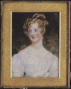 A Lady, Her Blonde Hair Dressed In A Bun And Ringlets, Wearing Decollete White Dress, Green Curtain Background by Sir William Charles Ross