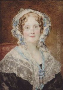 Jane Maitland Wearing Black Dress With Large White Lace Collar Trimmed With Pale Blue Ribbon And Matching Bonnet In Her Blonde Curled Hair