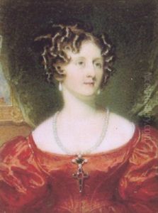 A Fine Portrait Of A Lady, Seated, In Red Satin Dress With A Large Jewelled Crucifix On String Of Pearls by Sir William Charles Ross