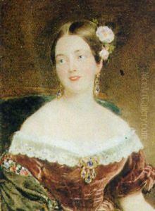 A Pretty Young Lady, Seated In A Green Upholstered Chair, Wearing Decollette Maroon Dress, Trimmed With White Lace