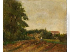 Baumlandschaft Mit Einem Landarbeiter Vor Einer Hausergruppe Im Hintergrund