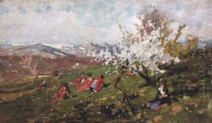 Fruhlingslandschaft Mit Rastenden Kindern Auf Wiese Fruhlingslandschaft Mit Rastenden Kindern Auf Wiese
