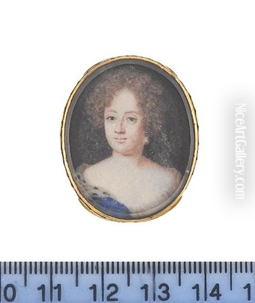 A Noblelady, Wearing White Underdress, Blue Mantle With Gold Fleur-de-lys And Ermine Trim, Pearl Pendent Earring, Her Hair Curled And Upswept - view 1
