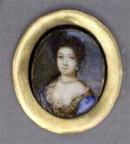 A Young Lady In Blue Silk Dress With Embroidered Bodice And Lace Underdress, Pearl Necklace And Drop Pearl Earrings, Long Curling Brown Hair Falling Over Her Right Shoulder - view 1