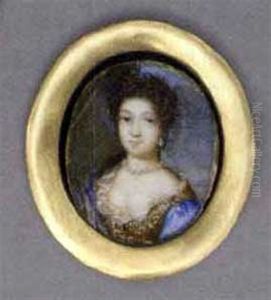 A Young Lady In Blue Silk Dress With Embroidered Bodice And Lace Underdress, Pearl Necklace And Drop Pearl Earrings, Long Curling Brown Hair Falling Over Her Right Shoulder A Young Lady In Blue Silk Dress With Embroidered Bodice And Lace Underdress, Pearl Necklace And Drop Pearl Earrings, Long Curling Brown Hair Falling Over Her Right Shoulder