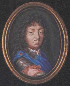Louis Xiv Of Bourbon, King Of France, With Long Dark Curling Hair, Wearing Armour Over Pink Doublet, Blue Cloak With Gold Brooch And White Cravat With Gold Pin by Susan Penelope Rosse