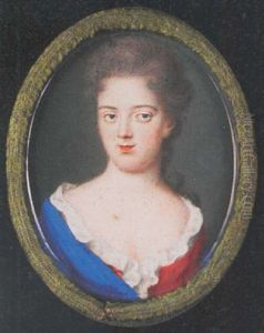 A Lady Wearing Decollete Red Dress With Frilled White Underslip And Blue Cloak Over Her Right Shoulder