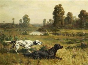 Gordon And English Setters In The Field by Percival Leonard Rosseau