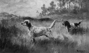 A Setter And A Spaniel Pointing A Setter And A Spaniel Pointing