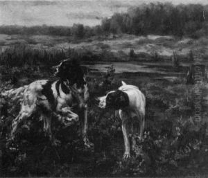A Spaniel And Pointer In A Marshy Landscape
