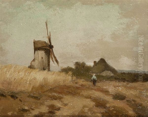 Paysan Au Champ Pres D'un Moulin A Vent Par Ciel Couvert - view 1