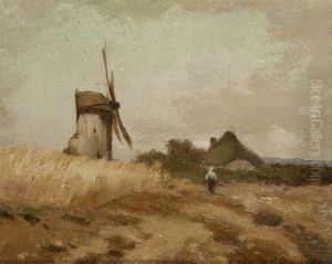 Paysan Au Champ Pres D'un Moulin A Vent Par Ciel Couvert by Jacques Rosseels