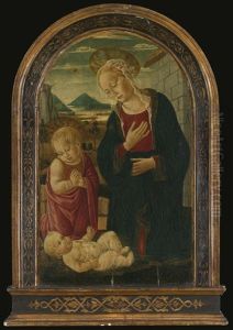 Madonna And Child With The Infant Saint John The Baptist, In An Architectural Setting, An Extensive Mountainous Landscape Beyond by Bernardo di Stefano Rosselli