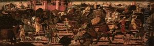 Scenes From The Life Of King David, Including The Battle Of David And Goliath: A Cassonel Panel by Bernardo di Stefano Rosselli