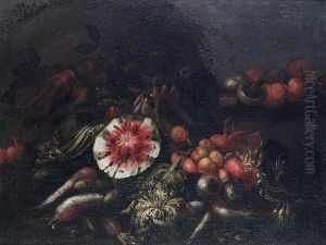 A Cut Watermelon, Peaches, Mushrooms And Other Fruit And Vegetables by Felice Boselli