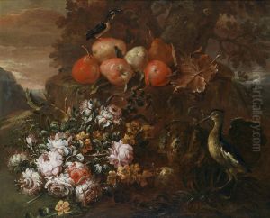Still Life With Flowers And Fruits With Asnipe And A Kingfisher by Felice Boselli