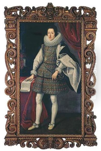 Portrait Of Ferdinando Ii De' Medici In A Gold Embroidered Dress With Lace Ruff Collar, Wearing The Order Of Santo Stefano, With His Right Hand Resting On The Plan Of A Fortress - view 1