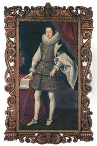 Portrait Of Ferdinando Ii De' Medici In A Gold Embroidered Dress With Lace Ruff Collar, Wearing The Order Of Santo Stefano, With His Right Hand Resting On The Plan Of A Fortress by Matteo Rosselli