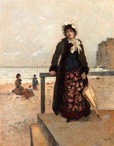 Femme En Bord De Plage Vers Les Falaises by Paul Rossert