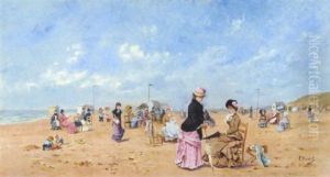 Elegant Ladies And Children Playing On The Beach Elegant Ladies And Children Playing On The Beach