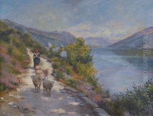 Pastorella Con Pecore Lungo Il Lago by Alberto Rossi