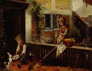 Woman And Child Feeding Rabbits by Alexander M. Rossi