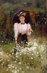 Lady With Parasol In A Field Of Daisies