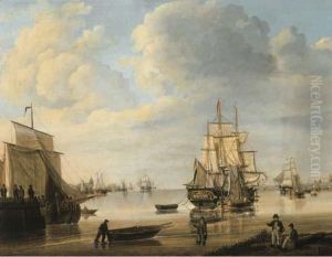 Moored Vessels, Dutch Three-masters And A Rowing Boat In A Calm, Acity Beyond