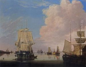 River Estuary With A Moored Threemaster Under Sail by Johan Hendrik Boshamer