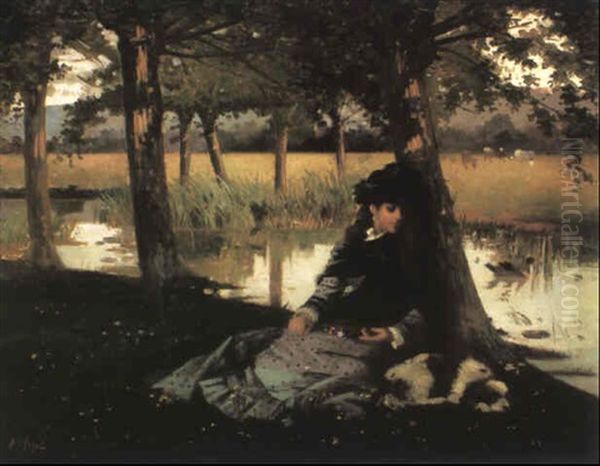 A Young Woman Resting By A Stream With A King Charles Spaniel - view 1