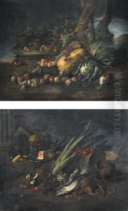 Still Life Of Vegetables On A Forest Floor; Still Life With Fish And Mushrooms by Angelo Maria Rossi