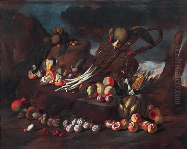 Pilze, Pflaumen, Pfirsiche, Kirschen, Birnen, Spargel, Kastanien Und Ein Papagei In Einer Landschaft (+ Pilze, Kohl, Kastanien, Apfel, Eine Muschel, Zitronen, Schnecken, Fische Und Ein Notenblatt In Einer Landschaft; Pair) - view 1