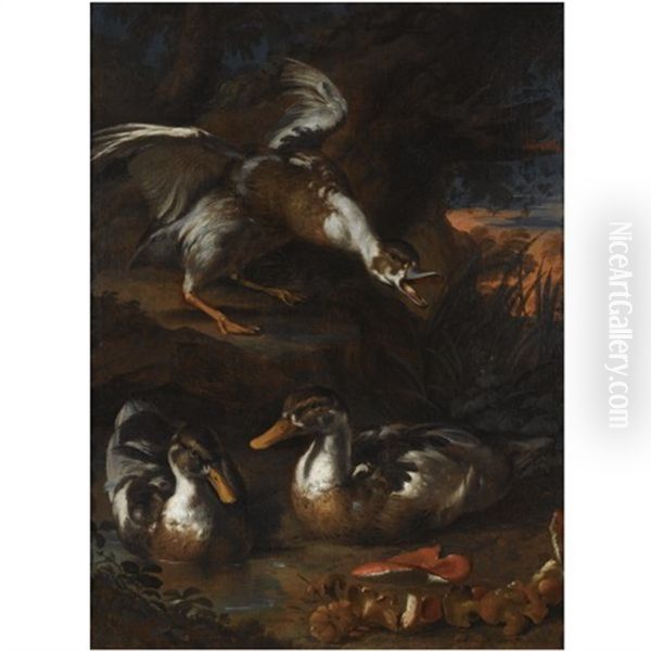 Three Ducks In A Wooded Landscape, Wild Mushrooms In The Foreground - view 1