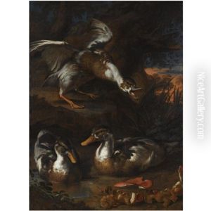Three Ducks In A Wooded Landscape, Wild Mushrooms In The Foreground by Angelo Maria Rossi