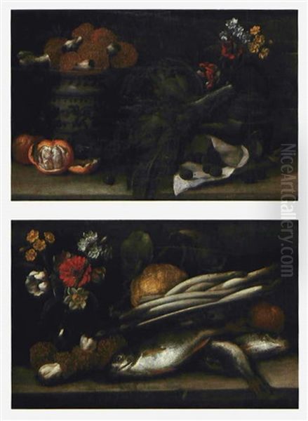 Piatto Di Funghi Con Carciofi, Agrumi E Fiori In Boccia (+ Another; 2 Works) - view 1