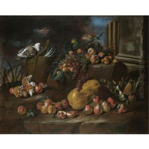Still Life Of Peaches, Pears, Grapes, A Watermelon, Mushrooms, An Ear Of Corn And A Pigeon Resting On A Basket Of Asparagus, All Arranged In A Landscape