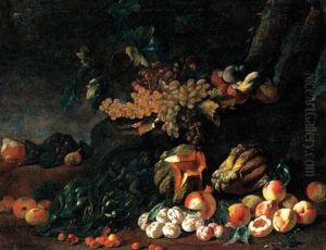 Natura Morta Di Frutta, Funghi, Carciofi E Bassorilievo Rotondo In Un Paesaggio