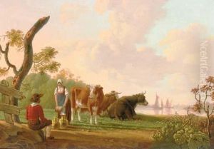 A Milkmaid Conversing With A Young Man Conversing Near Her Cows In A River Landscape