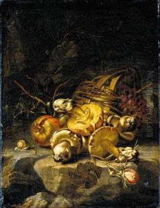 Still Life Of Mushrooms, A Pomegranate, A Rose, A Snail And A Basket Of Grapes In A Landscape